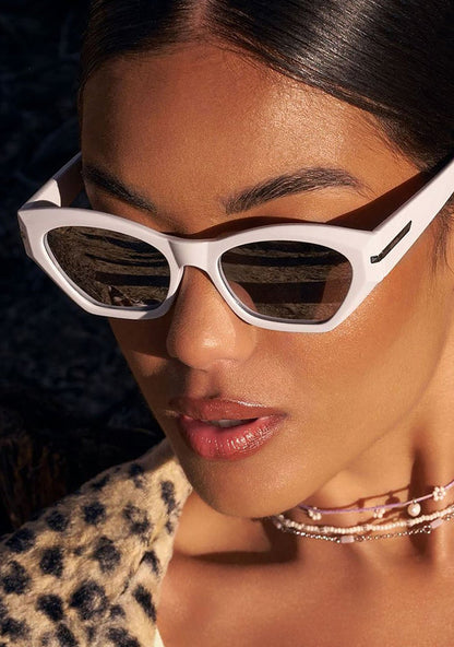 Dime Optics Sawtelle Polarized Sunglasses in glossy white silver mirror — side view