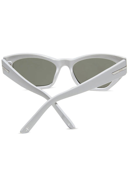 Dime Optics Sawtelle Polarized Sunglasses in glossy white silver mirror — back view