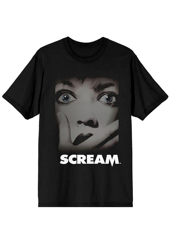 Bioworld Scream Classic Unisex Tee in black with Sidney Prescott front graphic on horror fandom rave festival top — front view