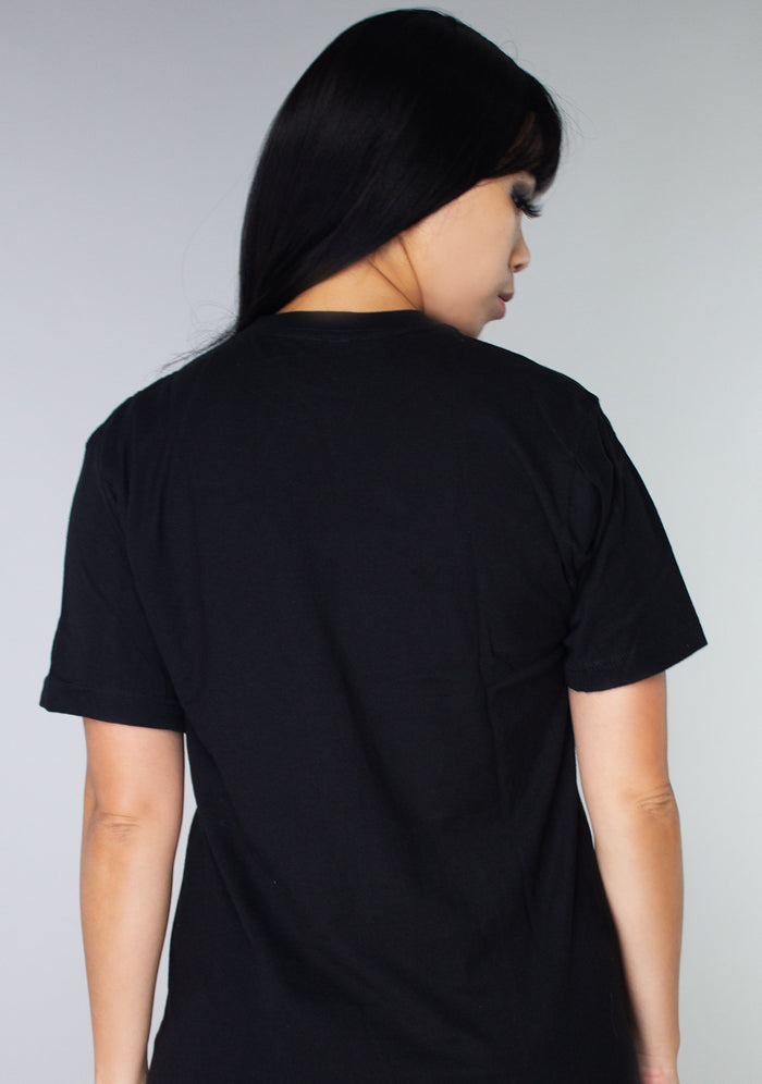 Bioworld Scream Classic Unisex Tee in black with Sidney Prescott front graphic on horror fandom rave festival top — back view