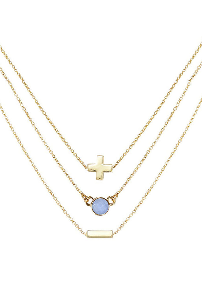 Charged Serenity Blue Agate Delicate Chain Necklace Set in gold with raw blue agate stone on three 18k gold plated chain crystal festival necklace set — front view