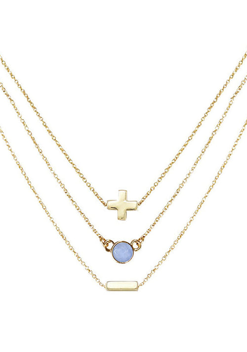 Charged Serenity Blue Agate Delicate Chain Necklace Set in gold with raw blue agate stone on three 18k gold plated chain crystal festival necklace set — front view
