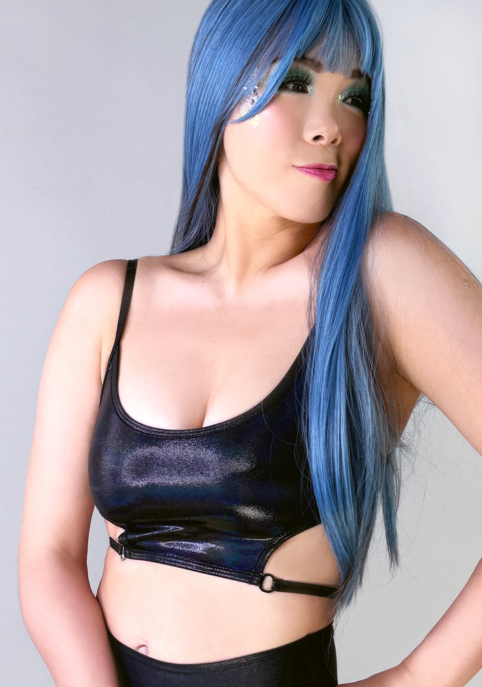 J Valentine Shadow Dancer Cropped Top in black with holographic base and scoop-in side details on festival top — front view