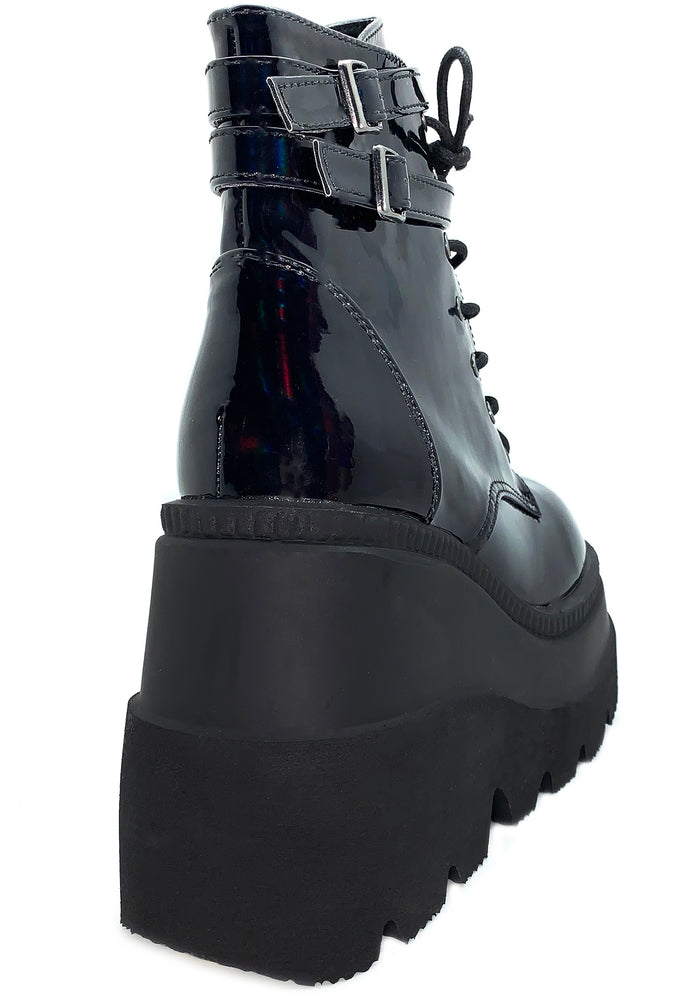 Demonia SHAKER 52 Hologram Black Platform Boots in iridescent holographic vegan leather showing inside zip closure and stacked wedge platform — back view