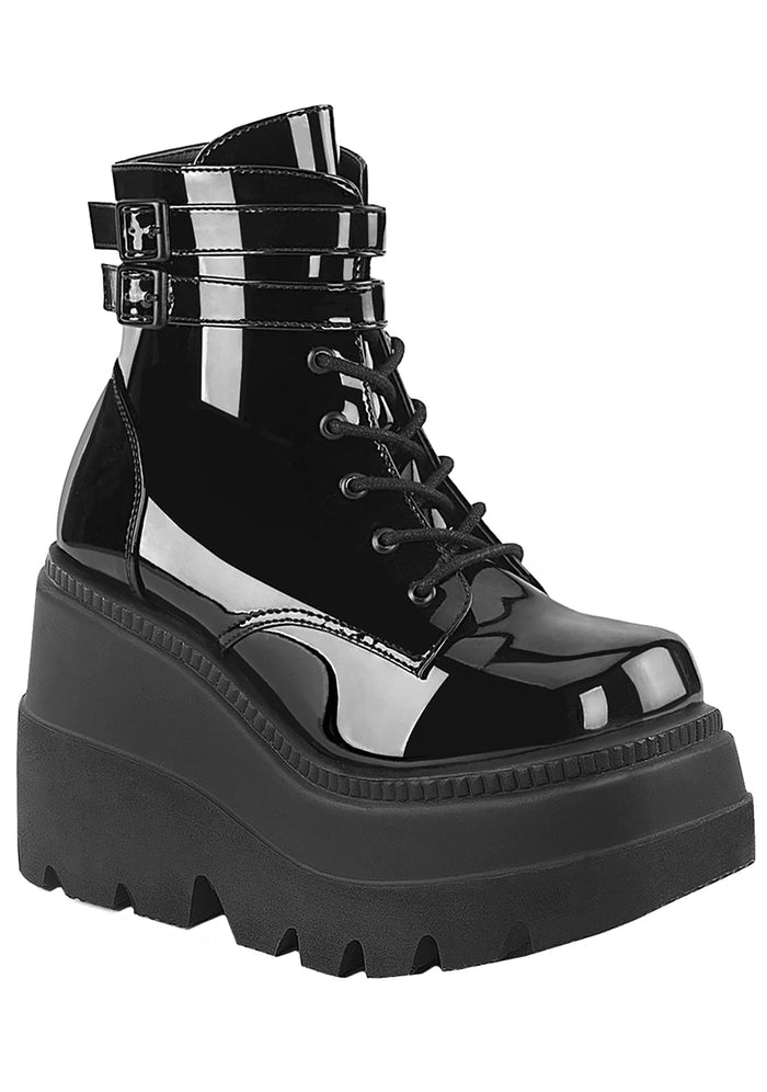 Demonia SHAKER 52 Paint it Black Patent Black Platform Boots in black patent leather with double buckle ankle strap and 4.5 inch wedge platform — front view
