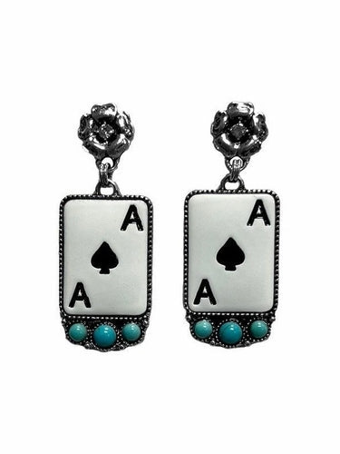 Silver Strike Aces & Turquoise Stone Rectangle Dangle Earrings D460019762