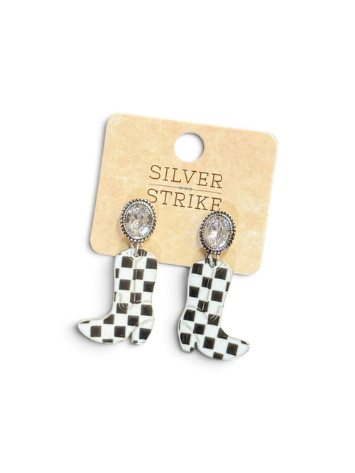 Silver Strike Black & White Check Boot Dangle Earrings D460019662