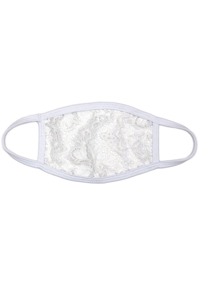 BGlittz Snow She-Lace Dust Mask in white with solid white lace fabric base on breathable nylon rave festival face mask — front view