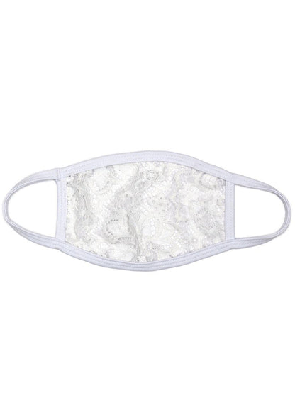 BGlittz Snow She-Lace Dust Mask in white with solid white lace fabric base on breathable nylon rave festival face mask — front view