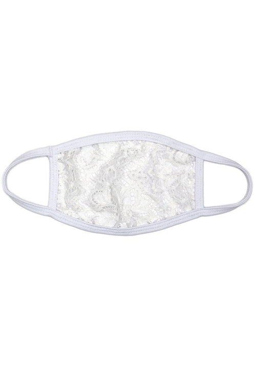 BGlittz Snow She-Lace Dust Mask in white with solid white lace fabric base on breathable nylon rave festival face mask — front view