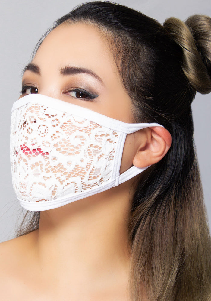 BGlittz Snow She-Lace Dust Mask in white with solid white lace fabric base on breathable nylon rave festival face mask — model view