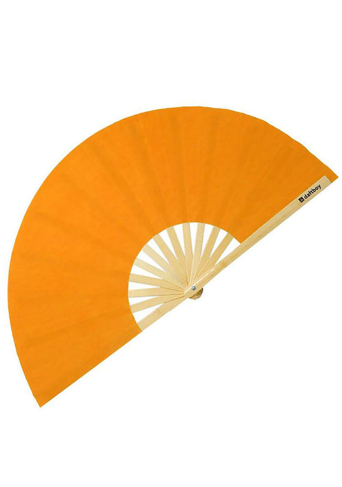 Daftboy Social Chameleon Color Change Rave Fan in orange yellow with heat reactive fabric on eco-friendly bamboo festival fan — detail view