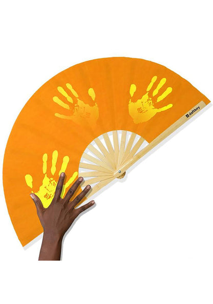 Daftboy Social Chameleon Color Change Rave Fan in orange yellow with heat reactive fabric on eco-friendly bamboo festival fan — front view