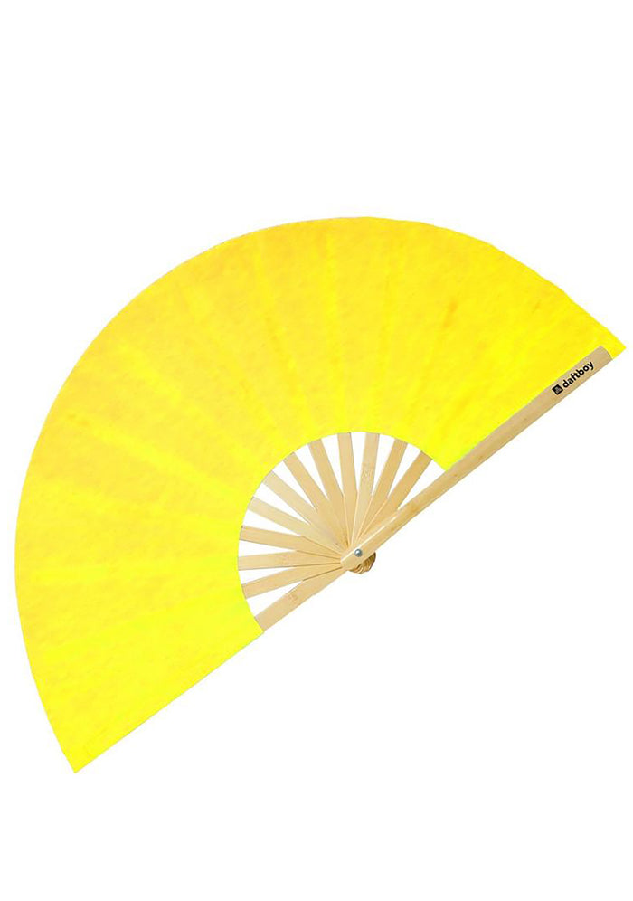 Daftboy Social Chameleon Color Change Rave Fan in orange yellow with heat reactive fabric on eco-friendly bamboo festival fan — detail view 2