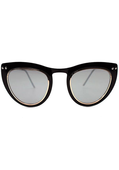 Spitfire Outward Urge Sunglasses in black silver with cat-eye polycarbonate frame and silver mirrored flat lens on festival rave sunglasses — front model view