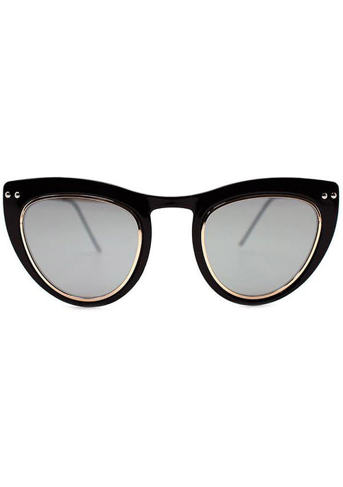 Spitfire Outward Urge Sunglasses in black silver with cat-eye polycarbonate frame and silver mirrored flat lens on festival rave sunglasses — front model view