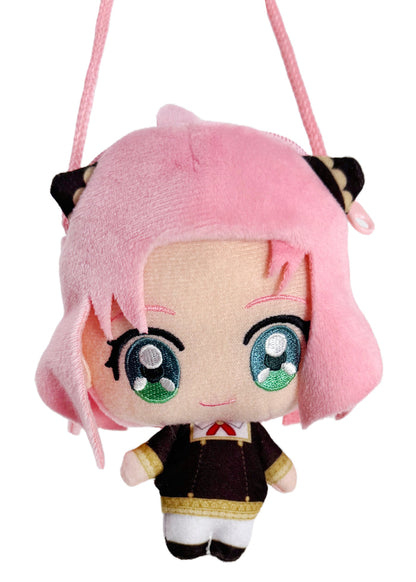 Bandai Spy x Family Anya Plush Mascot Mini Pouch in pink with 3D chibi Anya plush design and zipper closure — front view