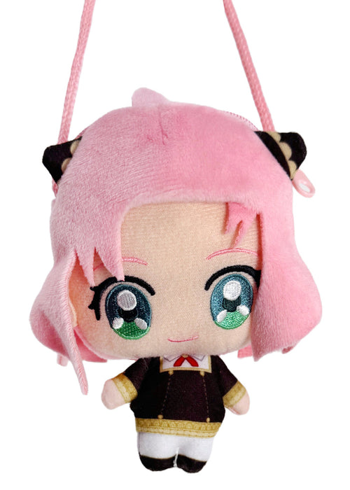 Bandai Spy x Family Anya Plush Mascot Mini Pouch in pink with 3D chibi Anya plush design and zipper closure — front view