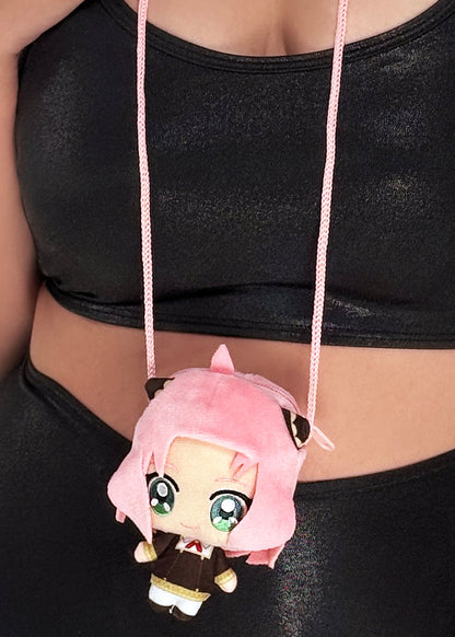 Bandai Spy x Family Anya Plush Mascot Mini Pouch in pink with 3D chibi Anya plush design and zipper closure — detail view