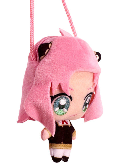 Bandai Spy x Family Anya Plush Mascot Mini Pouch in pink with 3D chibi Anya plush design and zipper closure — side view