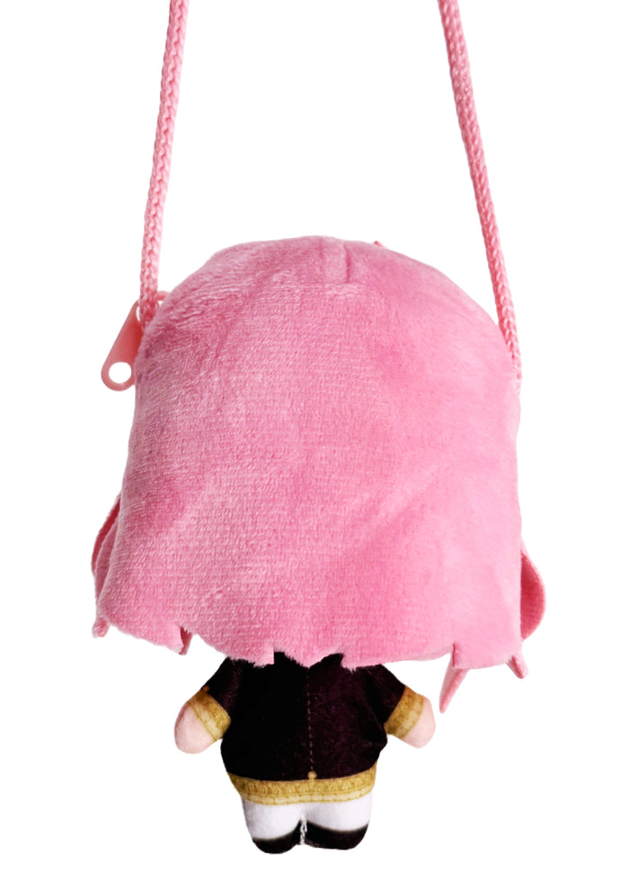 Bandai Spy x Family Anya Plush Mascot Mini Pouch in pink with 3D chibi Anya plush design and zipper closure — back view