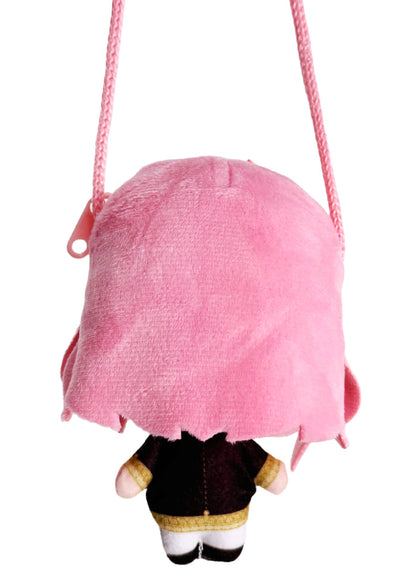 Bandai Spy x Family Anya Plush Mascot Mini Pouch in pink with 3D chibi Anya plush design and zipper closure — back view