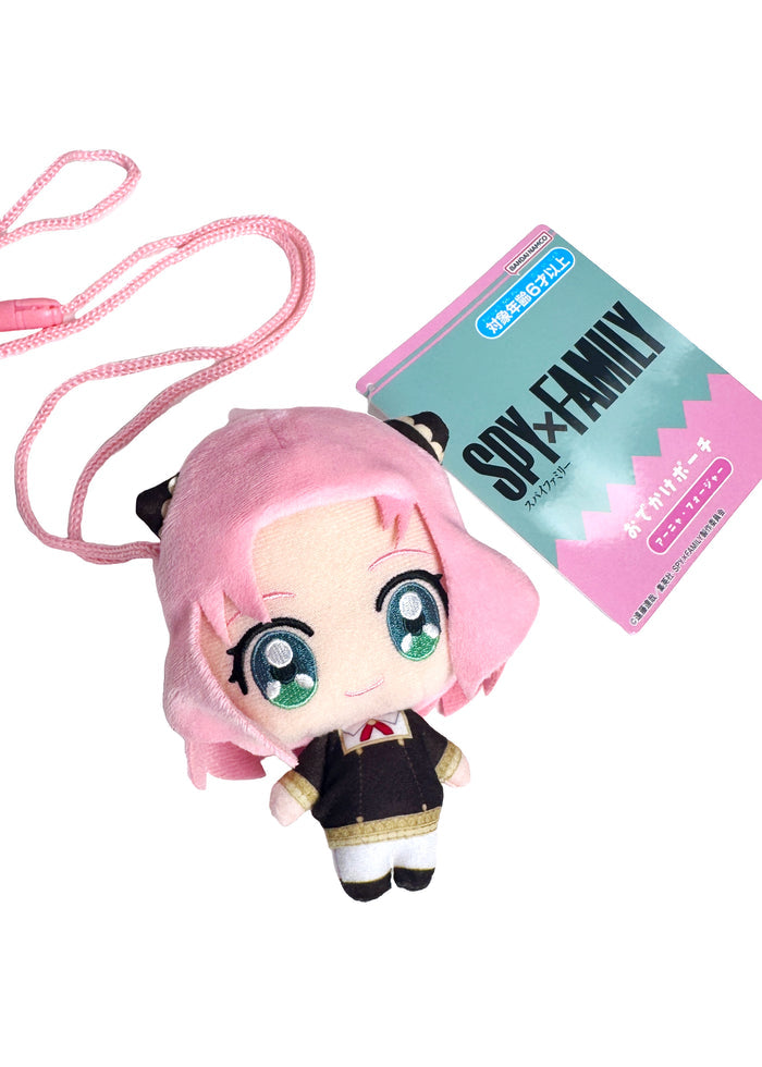 Bandai Spy x Family Anya Plush Mascot Mini Pouch in pink with 3D chibi Anya plush design and zipper closure — lifestyle view