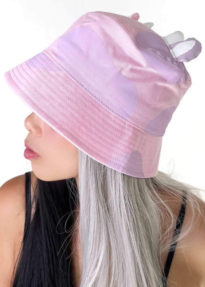 Bioworld Squishmallows Patty the Cow 3D Bucket Hat in pink purple — model side view