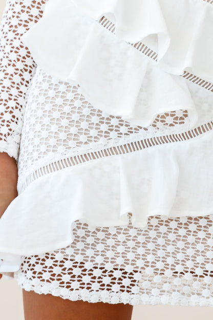 Aramis Long Sleeve Lace & Ruffle Detail Dress White