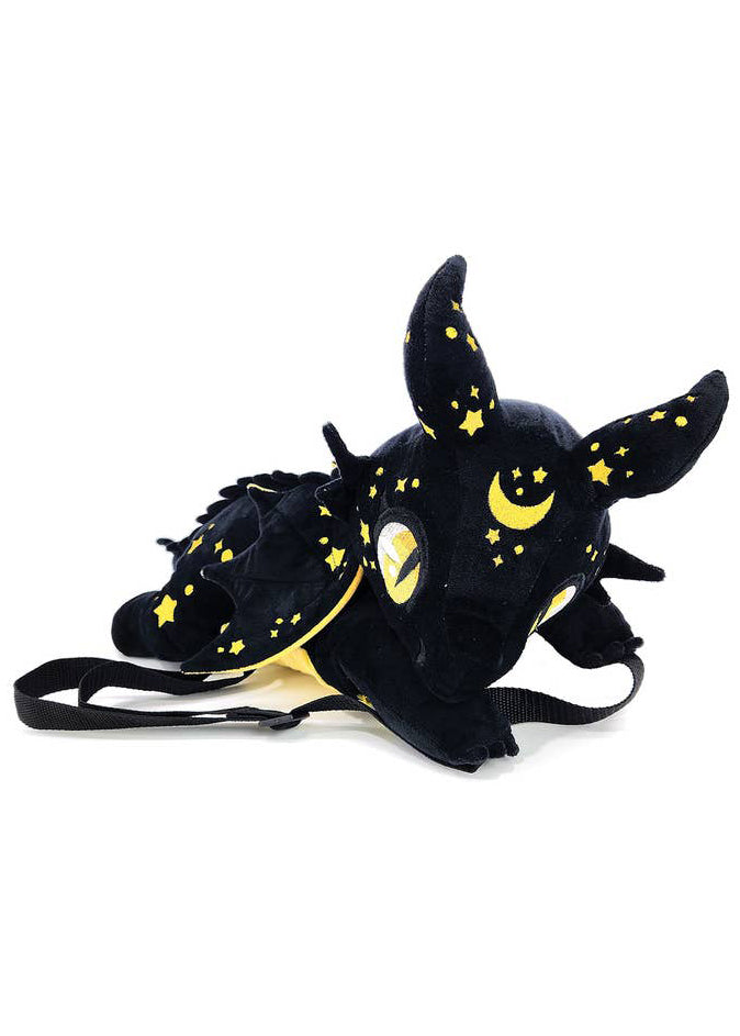 Sleepyville Critters Star Dragon Plush Backpack in black gold with 3D dragon plush and gold star accents on rave festival backpack — front view