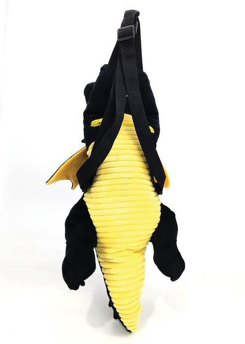 Sleepyville Critters Star Dragon Plush Backpack in black gold with 3D dragon plush and gold star accents on rave festival backpack — detail view