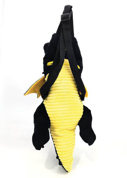 Sleepyville Critters Star Dragon Plush Backpack in black gold with 3D dragon plush and gold star accents on rave festival backpack — detail view