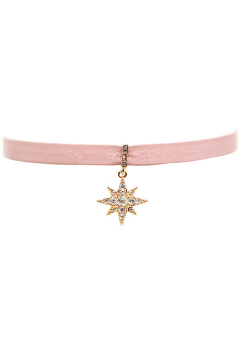 Ettika Stardust Crystal Choker in pink gold with vegan leather strap and rhinestone star centerpiece on rave choker — front view