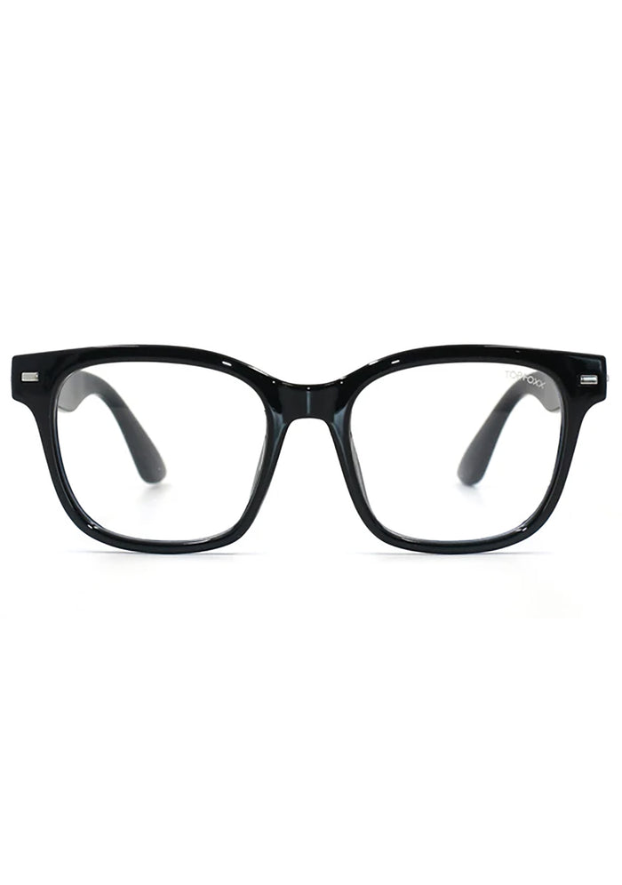 TopFoxx Stella Blue Light Glasses in black with classic frame and anti blue light lenses on rave glasses — front view