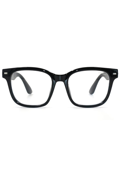 TopFoxx Stella Blue Light Glasses in black with classic frame and anti blue light lenses on rave glasses — front view