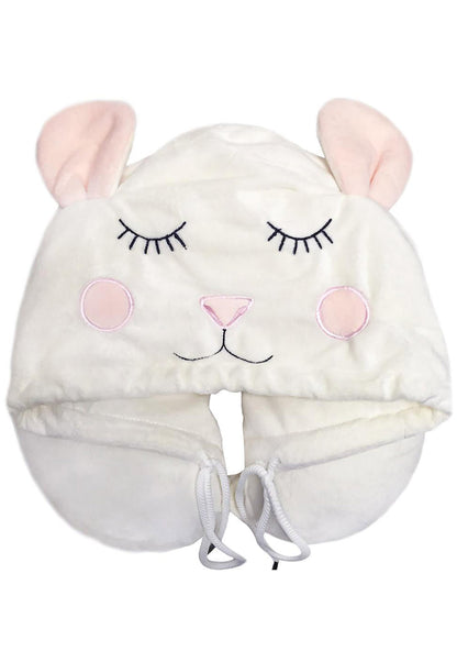 Madden Girl by Steve Madden Cute Mouse Travel Neck Pillow in ivory with attached mouse hood and ears on memory foam microfiber travel accessories pillow — front view