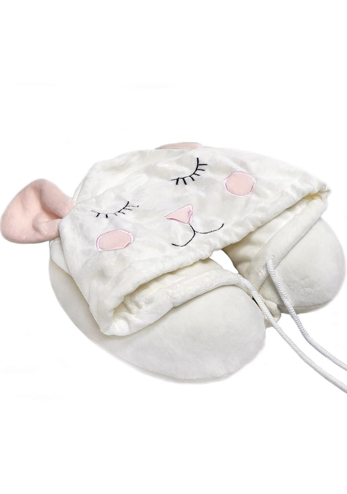 Madden Girl by Steve Madden Cute Mouse Travel Neck Pillow in ivory with attached mouse hood and ears on memory foam microfiber travel accessories pillow — detail view