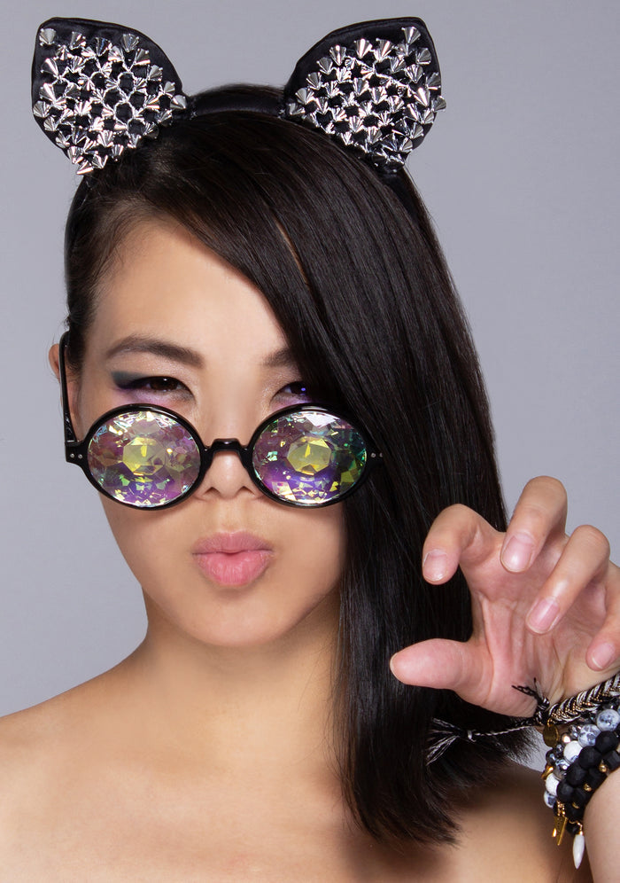 Leg Avenue Studded Cat Ear Headband in silver with sequin ear detail on festival hair accessory — front view