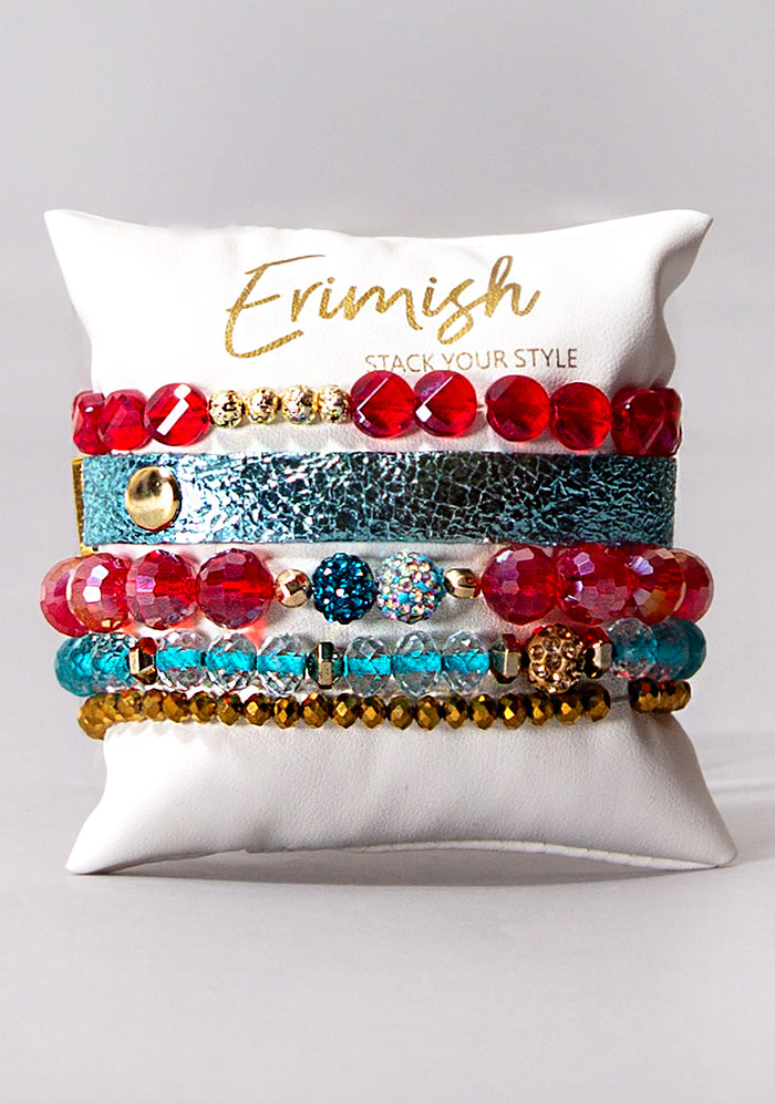 Erimish Sugar and Spice Bracelet Stack in red blue gold with vegan leather band on festival bracelet stack — front model view