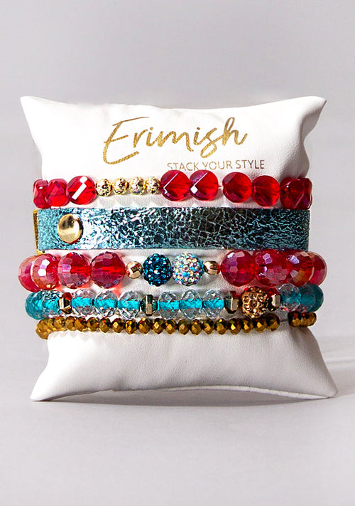 Erimish Sugar and Spice Bracelet Stack in red blue gold with vegan leather band on festival bracelet stack — front model view