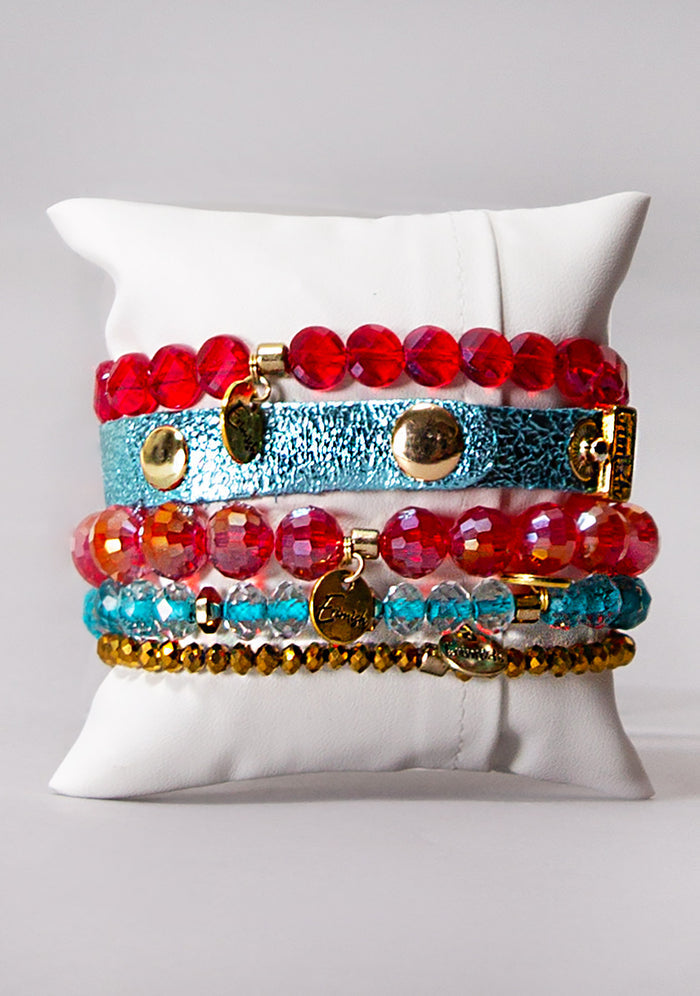 Erimish Sugar and Spice Bracelet Stack in red blue gold with vegan leather band on festival bracelet stack — back model view