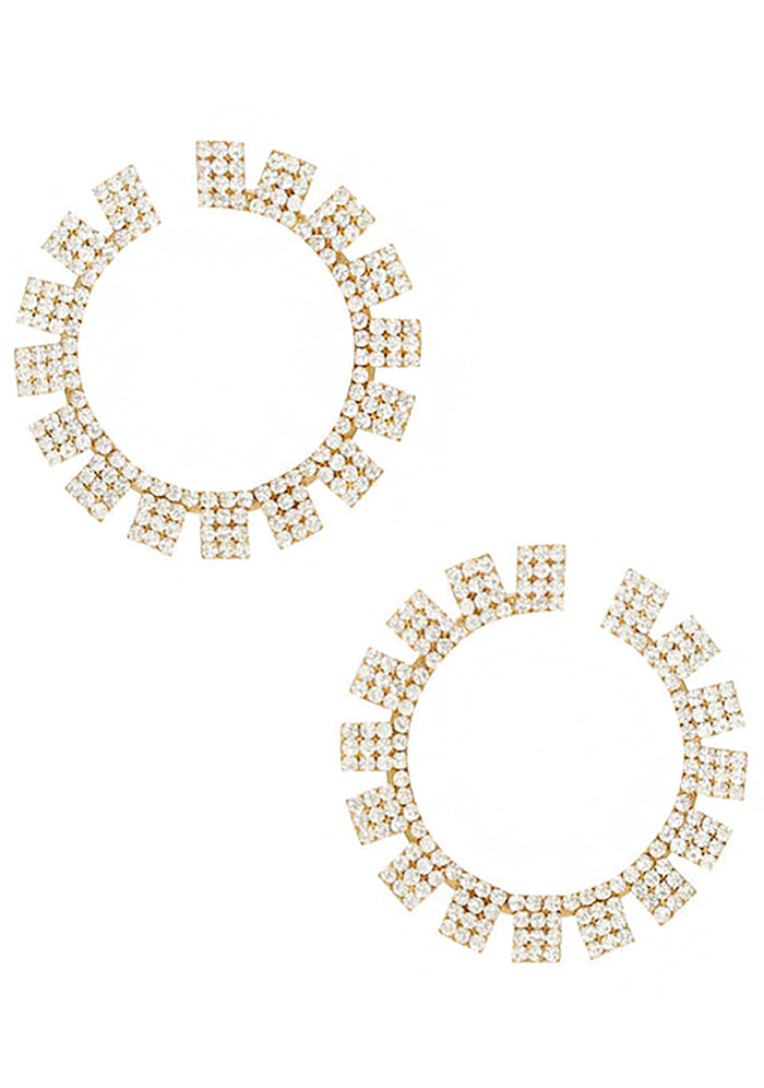 Ettika Sunbeam Crystal Earrings in gold with open hoop encrusted crystals on 18k gold festival earrings — front view