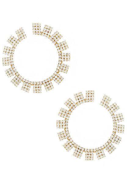 Ettika Sunbeam Crystal Earrings in gold with open hoop encrusted crystals on 18k gold festival earrings — front view