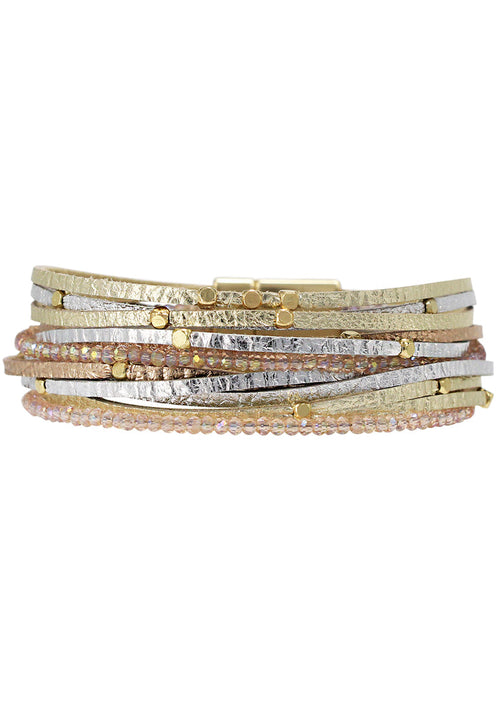 Erimish Sunrise Secrets Multi Strand Bracelet in gold with metallic leather wrap and light pink glass beaded strands on festival bracelet — front view