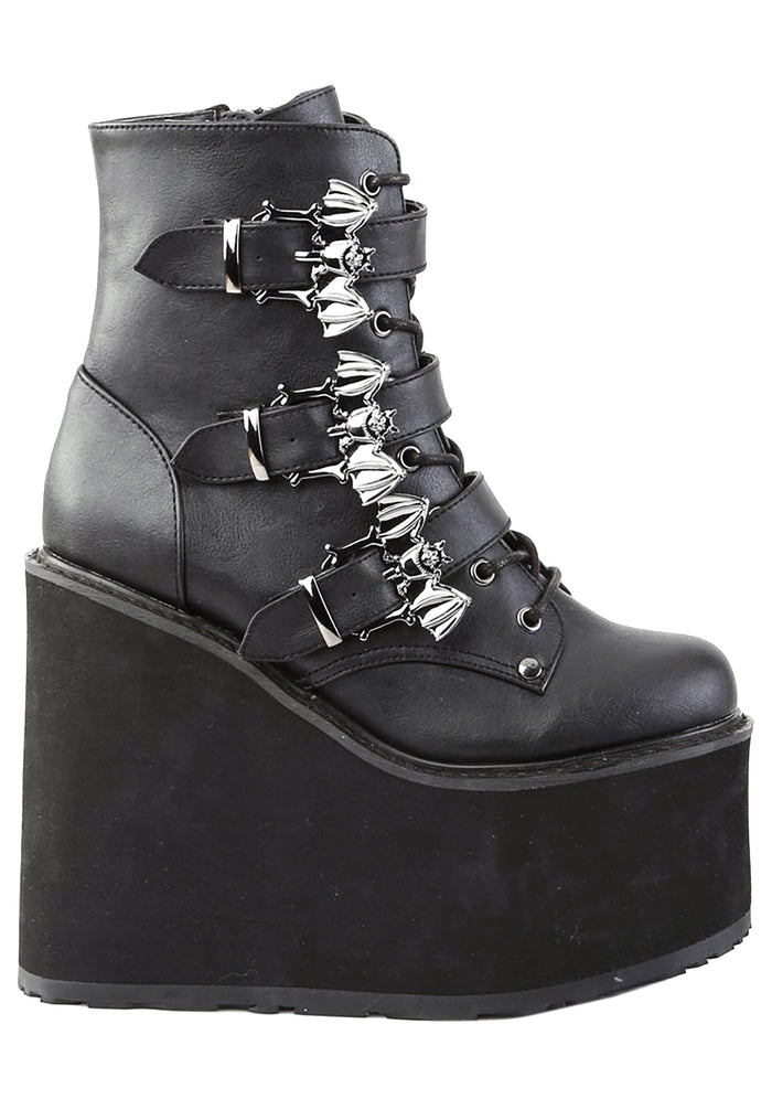 Demonia SWING 103 Creature of the Night Black Platform Boots in black vegan leather with bat buckle hardware and triple buckle straps — front view