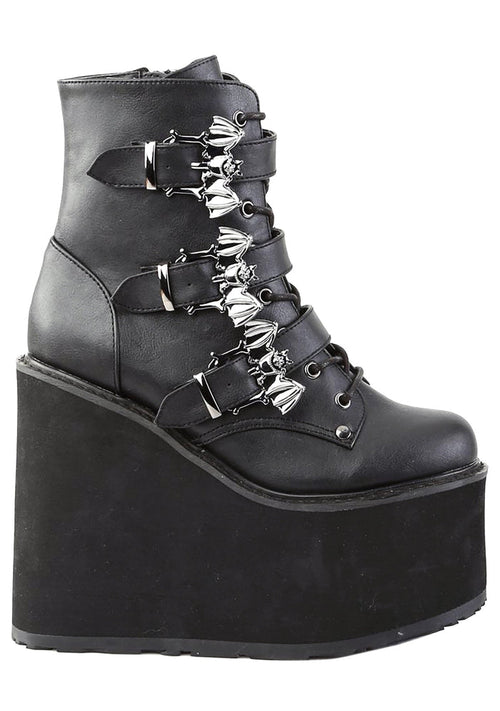 Demonia SWING 103 Creature of the Night Black Platform Boots in black vegan leather with bat buckle hardware and triple buckle straps — front view