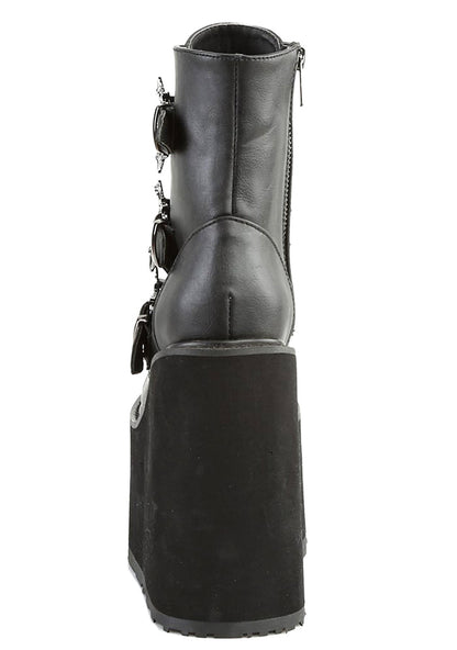 Demonia SWING 103 Creature of the Night Black Platform Boots in black vegan leather showing inside metal zip closure and platform sole — back view