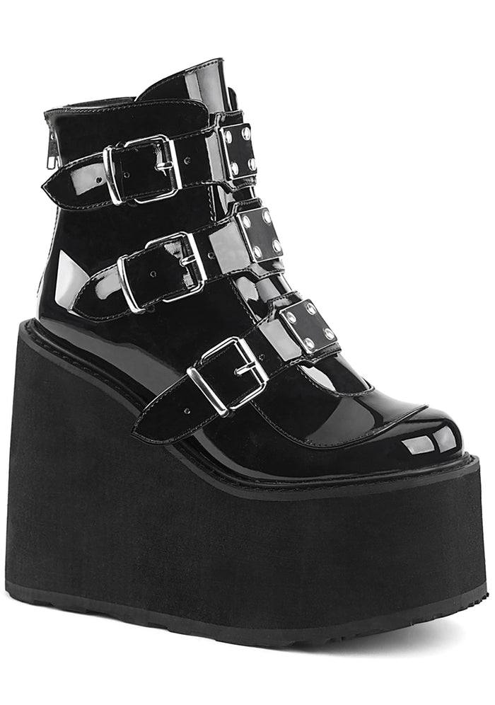 Demonia SWING 105 Dark Resistance Patent Black Platform Boots in black patent leather with 3 metal plate buckle straps and 5.5 inch EVA foam platform — front view