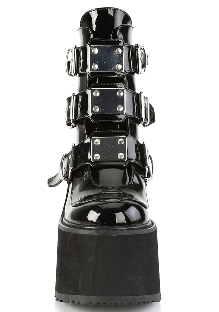 Demonia SWING 105 Dark Resistance Patent Black Platform Boots in black patent leather showing ankle boot height and 5.5 inch EVA foam platform — side view