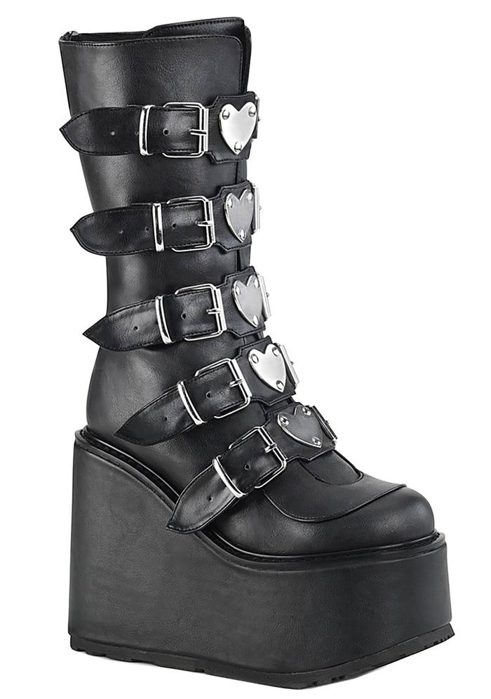 Demonia SWING 230 Black Heart Black Platform Boots in black vegan leather with metal heart buckle detail and mid-calf platform — front view
